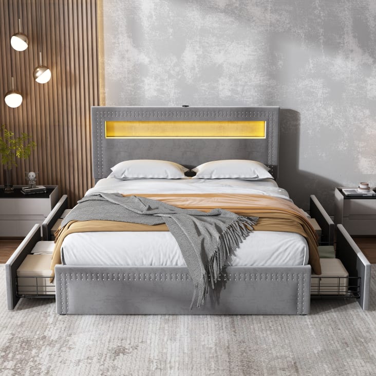 Teide cama doble 160 x 200 cm canapé y cajones blanco lacado