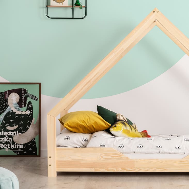 Lit-cabane d'enfant Montessori 70x140 cm avec linge de lit en beige