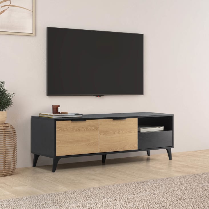 Mueble tv 2 puertas color roble y metal negro, 120 cm CRUZ