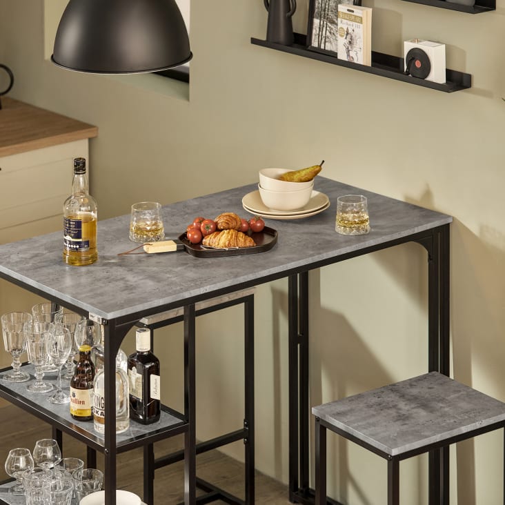 Tavolo bar con 2 sgabelli grigio e nero in metallo e mdf