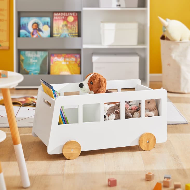 Caja baúl de almacenamiento para juguetes con ruedas madera blanco