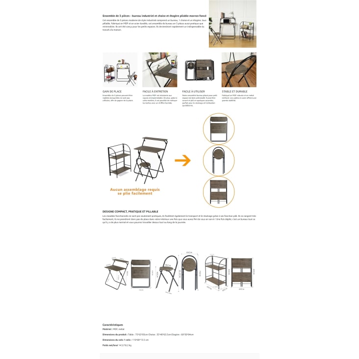 3er Set | Monde Maisons Schreibtisch, Stuhl aus aus und Regal klappbarem Holz dunklem du