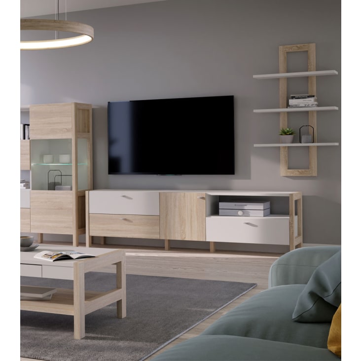 Mueble TV 200 cm BJORN, 3 cajones 1 puerta, estilo nórdico en Blanco y  Roble