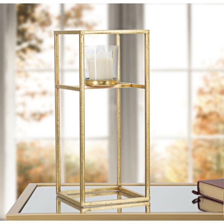 Portacandele in metallo dorato con bicchhierino in vetro cm 15x15x35  ELEGANT