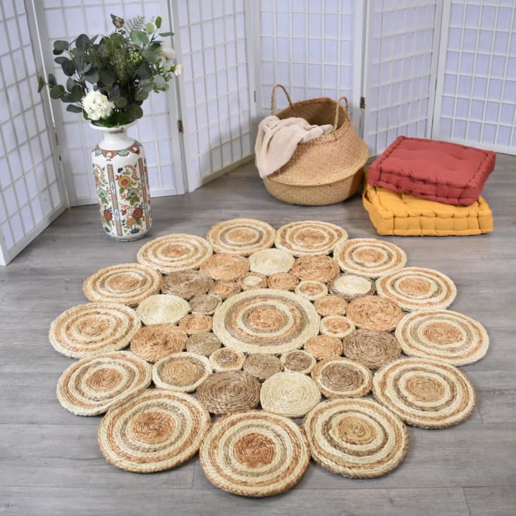 Tapis Jute Ronde Ø60cm - Naturel Beige, Tissé Main, Style Boho, Salon/Chambre