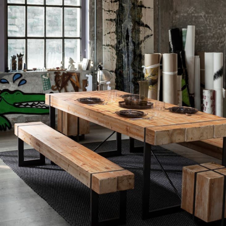Tavolo rettangolare, piano in legno di abete, stile industriale