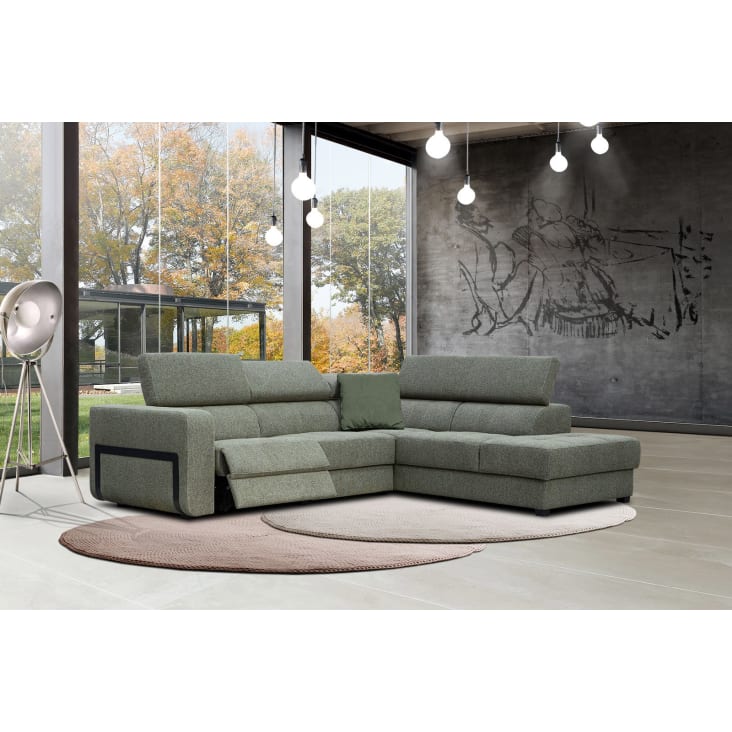 Canapé d'angle droit 5 places avec un relax électrique tissu vert-Bergo cropped-2