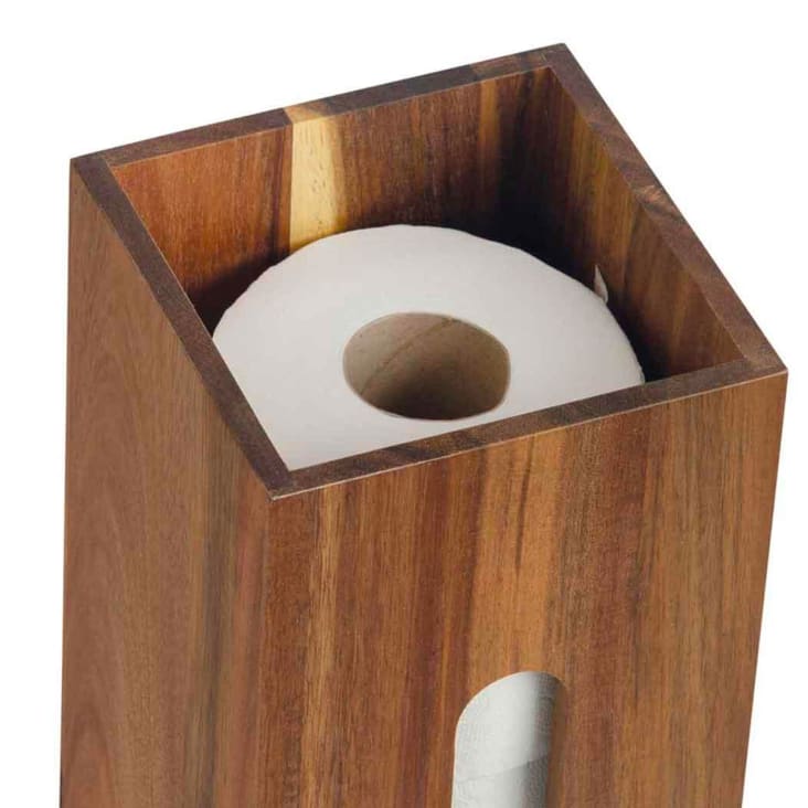 Rangement stock rouleaux papier toilette en acacia 14x14x33cm