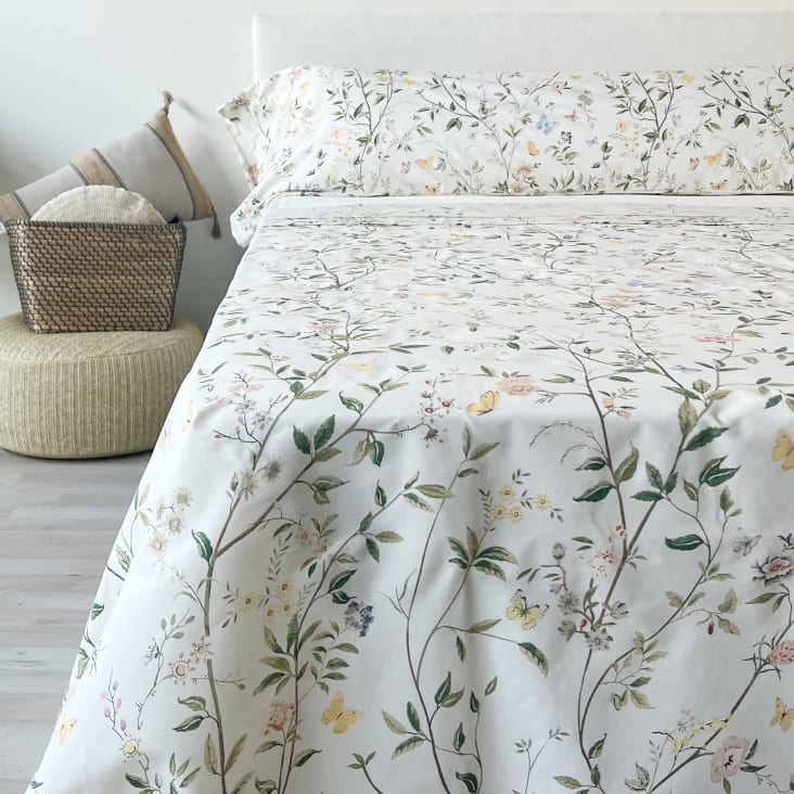 Juego de sábanas algodón 100% 4 piezas estampado acuarela Cama 150 cm  FLOWERS MULTI