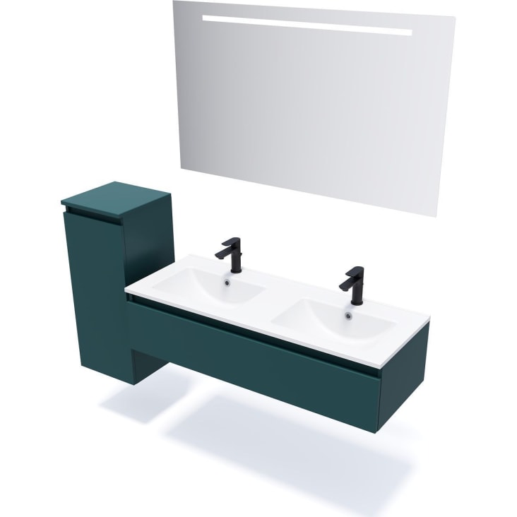 Meuble de salle de bain suspendu double vasque intégrée 120cm 2 tiroirs  Vert olive + miroir - Hudson - Homifab