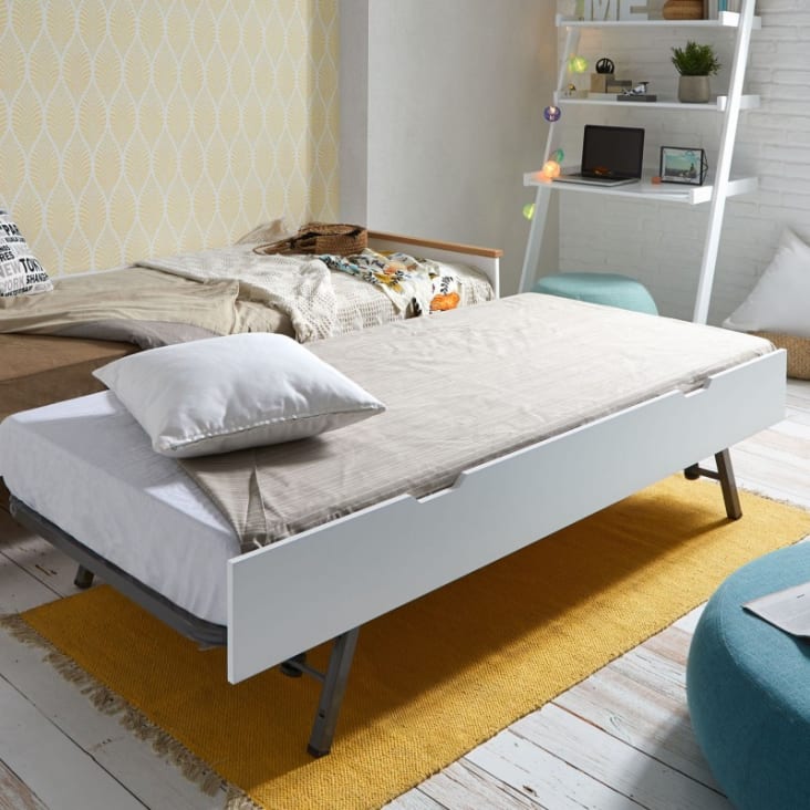 Cama casita con barandilla + cama elevable madera blanco 90x190cm Sawyer