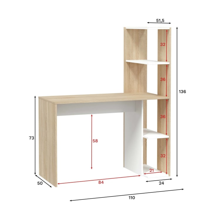Bureau blanc/bois avec étagère réversible L120cmxP53cmxH144cm GIO