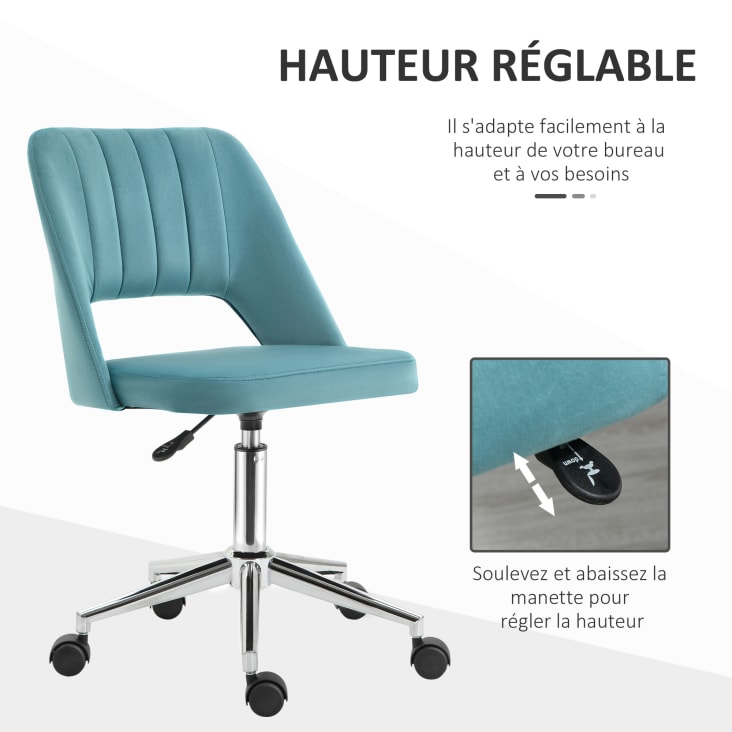 Chaise de bureau design dossier ajouré strié pied chromé velours bleu cropped-4