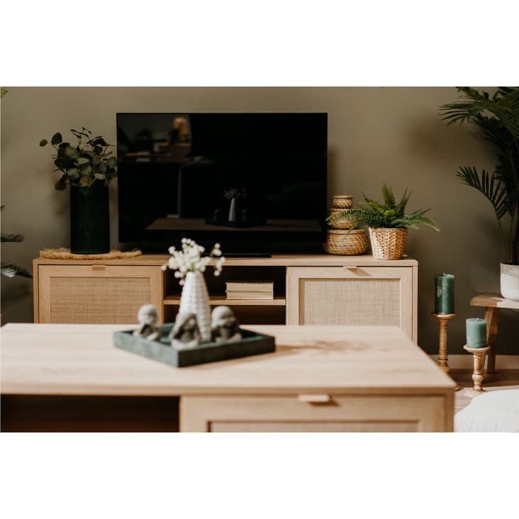 Mueble TV 180 cm con 9 compartimentos - MDF - tiradores dorados - Natural y  Blanco