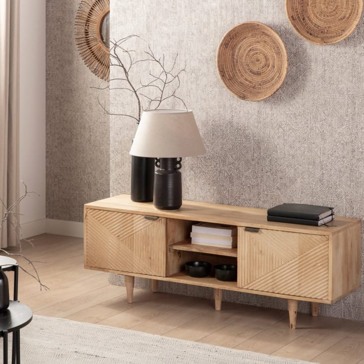 Mueble TV con ruedas de madera de mango color natural