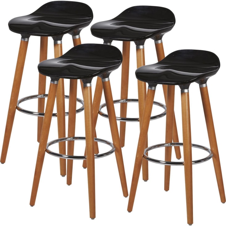 Lot de 4 - Tabouret De Bar assise plastique dur abs noir pieds metal OLLO