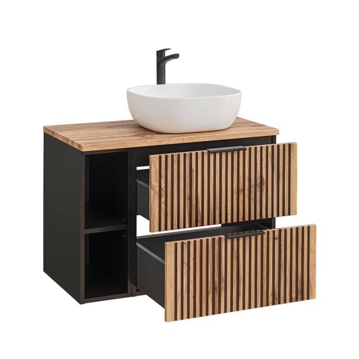 Set Mobile Bagno Lomadox 80 Cm Con Specchio LED – Armadio Lavabo Rovere E Armadio Alto, 180x200x46 Cm