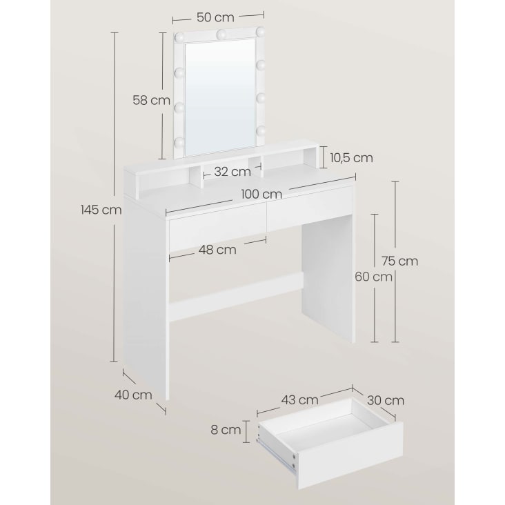 Coiffeuse, Miroir avec LED à Luminosité Réglable, 2 Tiroirs et 3  Compartiments, 100 x 40 x 145 cm (L x P x H), Blanc