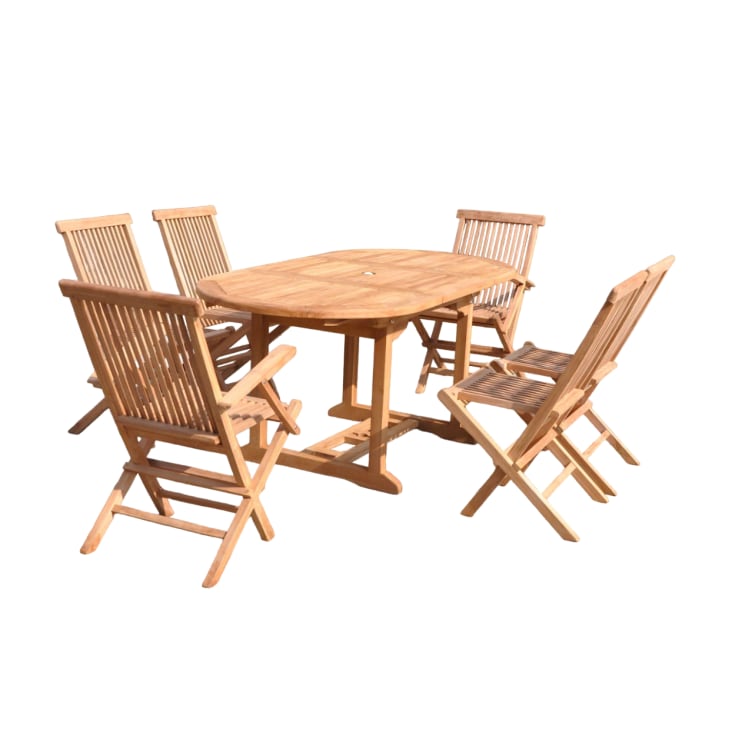 Ovaler Gartentisch mit 4 Stühlen und 2 Teakholzsesseln Kajang Maisons