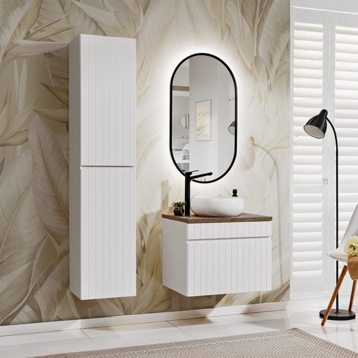Ensemble meuble de salle de bain 100cm simple vasque + colonne de rangement  - bambou (chêne clair) 