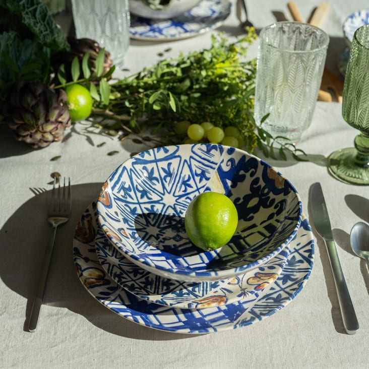 Assiette plate en céramique bleue et blanche D21 - Lot de 4 FRESCO