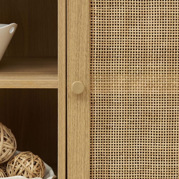 Buffet INES Baïta - Longueur 150cm - Effet Chêne Et Cannage Rotin - 2 Portes, 3 Tiroirs