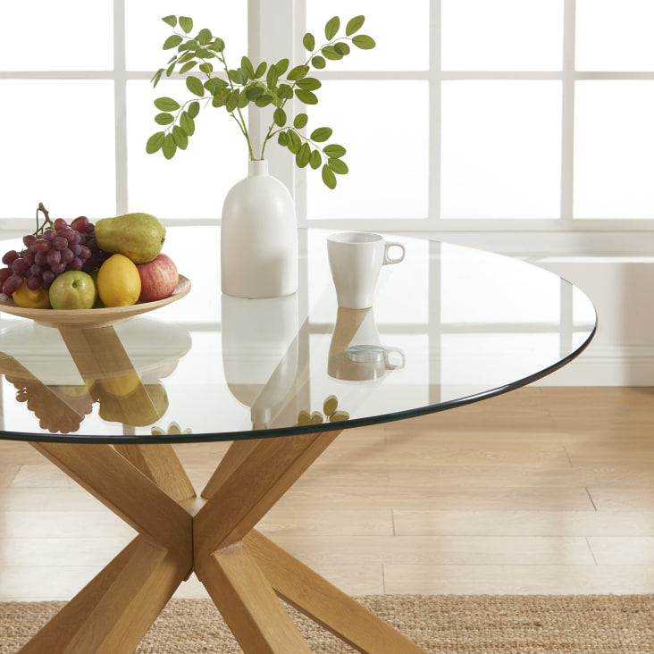 Table de salon ronde en chêne massif et plateau en verre transparent
