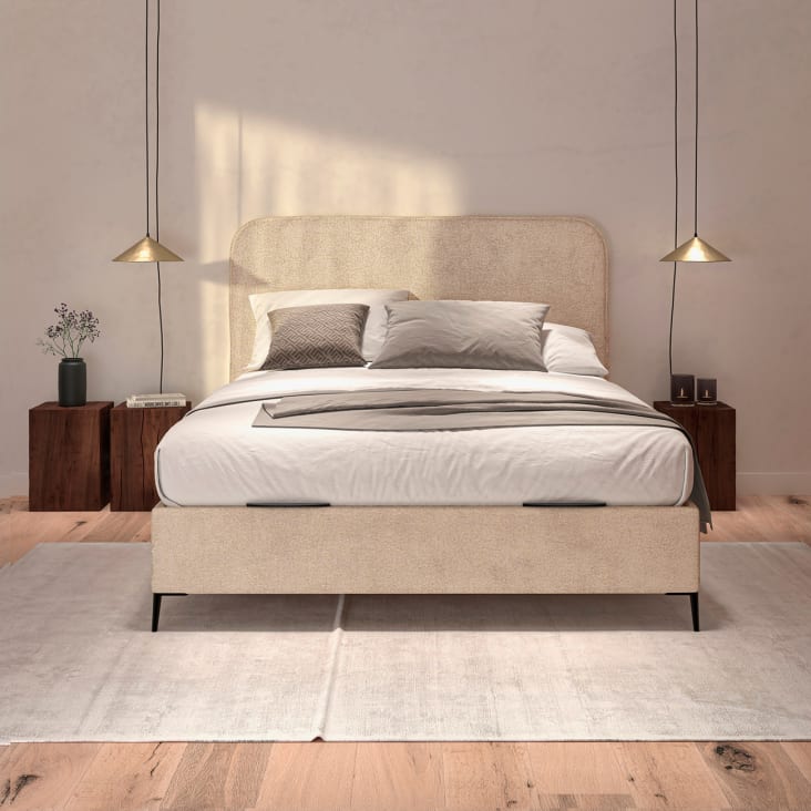 Base de madera estilo nórdica tapizada en tejido beige 135x190