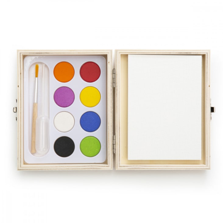 Mini Kit Aquarelle De Voyage - Palette Bois 8 Cases + 24 Couleurs + 2 Pinceaux + Carnet - Parfait Artistes Nomades - 1