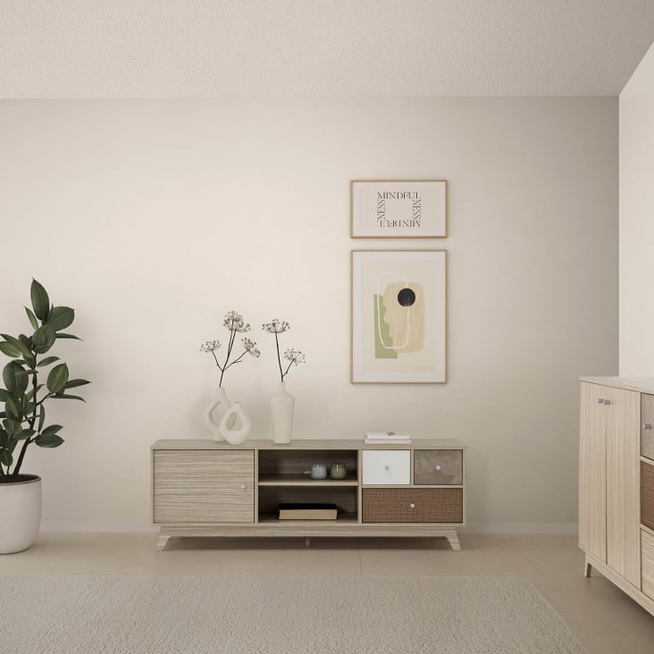 Set salón mueble TV 190 cm, estante colgar, acabado textura madera