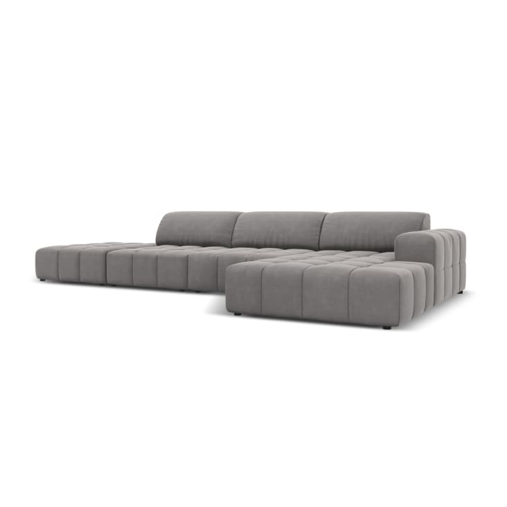 Divano Angolare Chesterfield In Tessuto Grigio – 6 Posti, Con Chaise Lunga A Destra, Gambe In Legno Scuro - 5