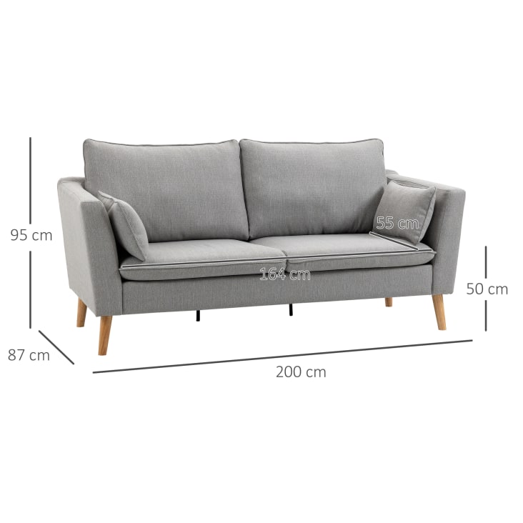 2-Sitzer Sofa mit mit HOMCOM Maisons Hellgrau Kissen, Leinenoptik, Monde | Holzbeinen, du mit