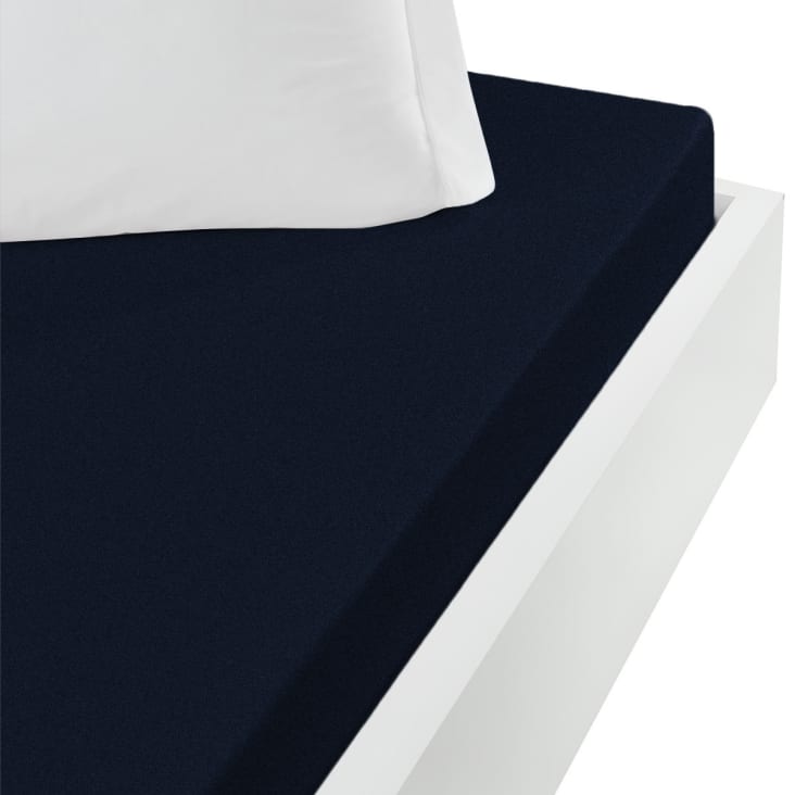 Drap housse jersey de coton peigné extensible bleu nuit 120x190 cm Manhattan Maisons du Monde