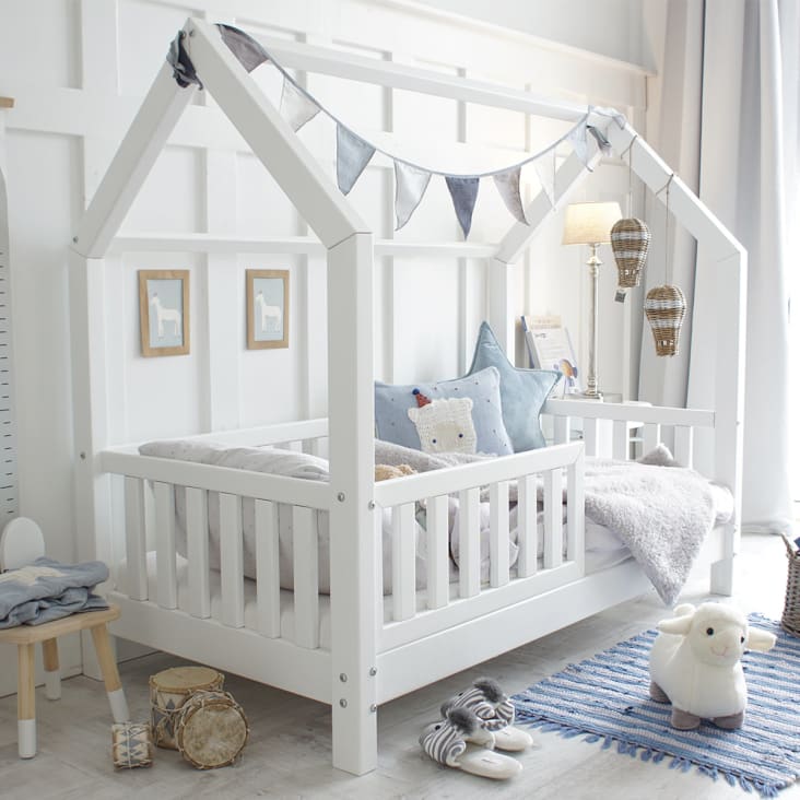 Lit Cabane En Pin Massif 90x200 Cm Avec Barrière De Sécurité - Lit Maison Pour Enfants à Partir De 3 Ans, Blanc, Charge 100 Kg