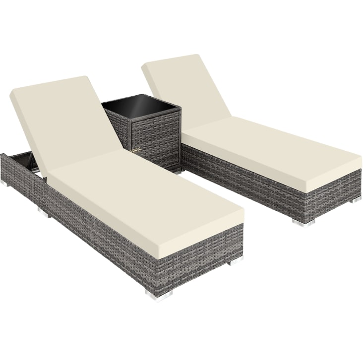 2 Sonnenliegen Rattan mit Aluminiumgestell und Tisch inkl. Schutzhülle
