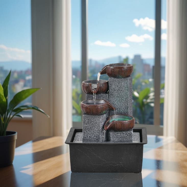 Kleiner zimmerbrunnen natur aus grauem und schwarzem kunstharz H21cm