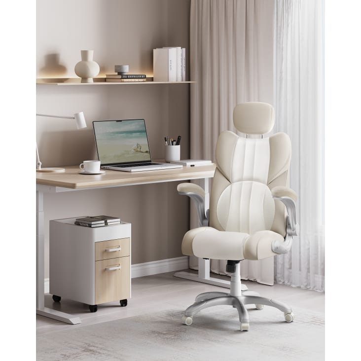 Chaise de bureau cadre en contreplaqué cadre en acier pu blanc crème cropped-2