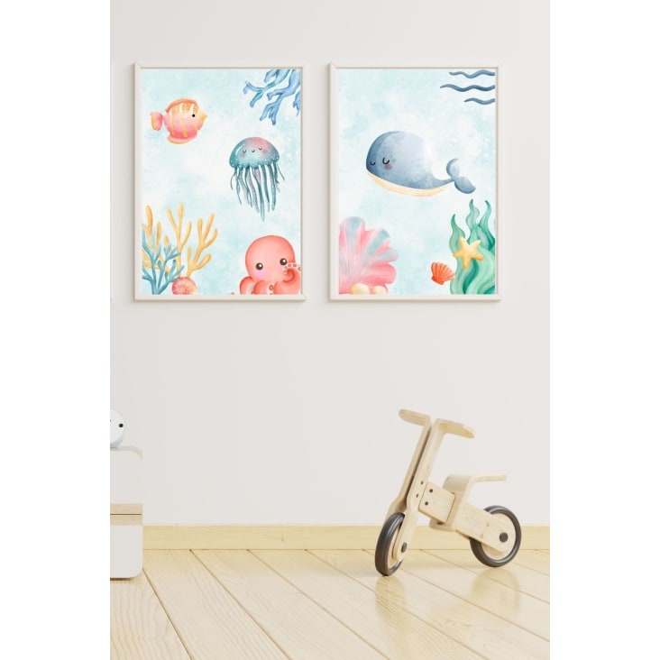 Pack de cuadros de pared infantiles de dibujos de animales rosa y amarillo  de MDF y marco de PVC blanco Forme