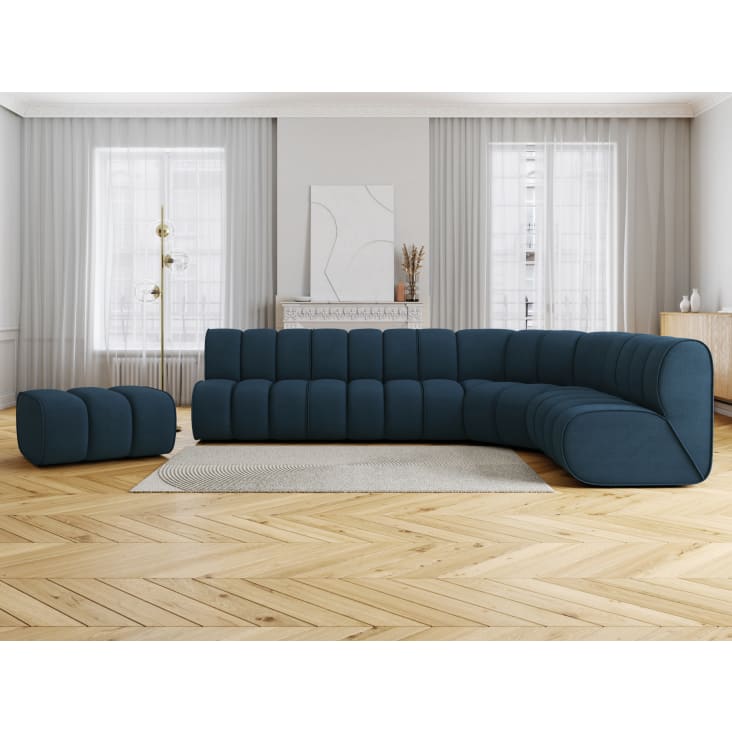 Canapé d'angle en velours côtelé 8 places bleu paon-Leonie cropped-9