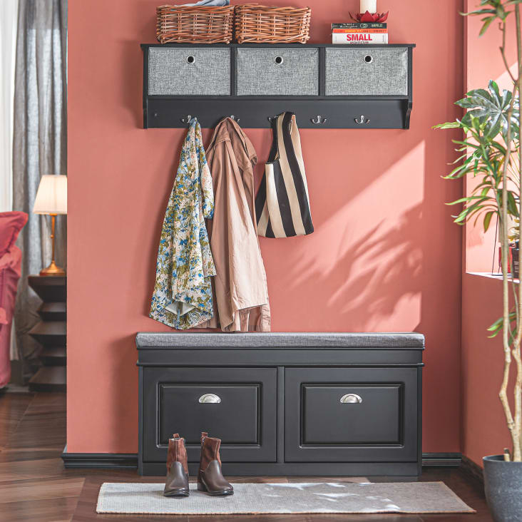 Perchero de pared con 5 ganchos y 3 cajones mdf negro