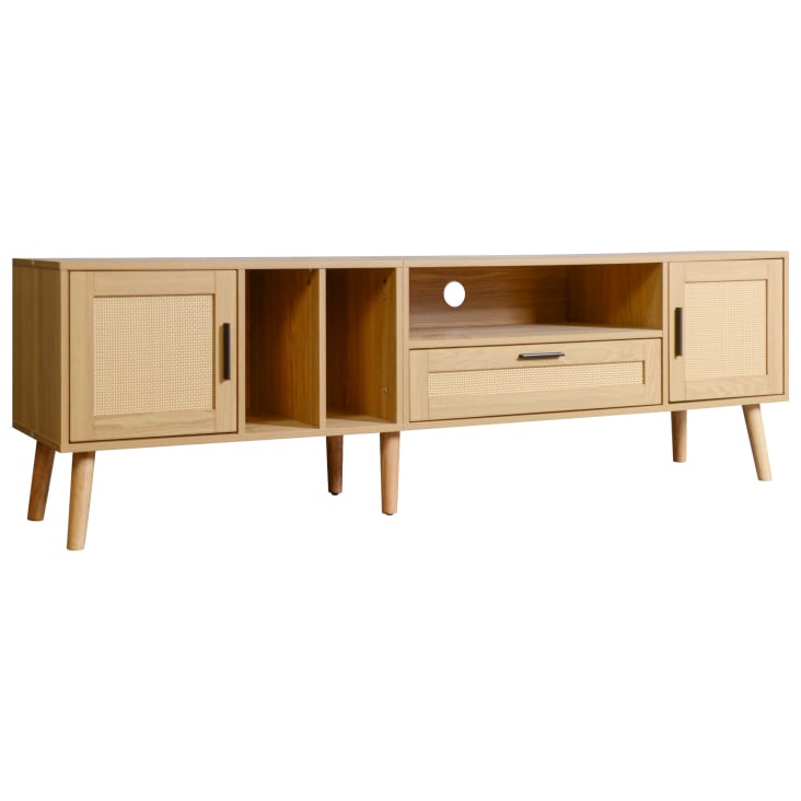 Mobile TV Moderno Effetto Legno 180x50x38 Cm – Bianco E Legno Con Piedini In Metallo Nero – 2 Ante, 2 Cassetti