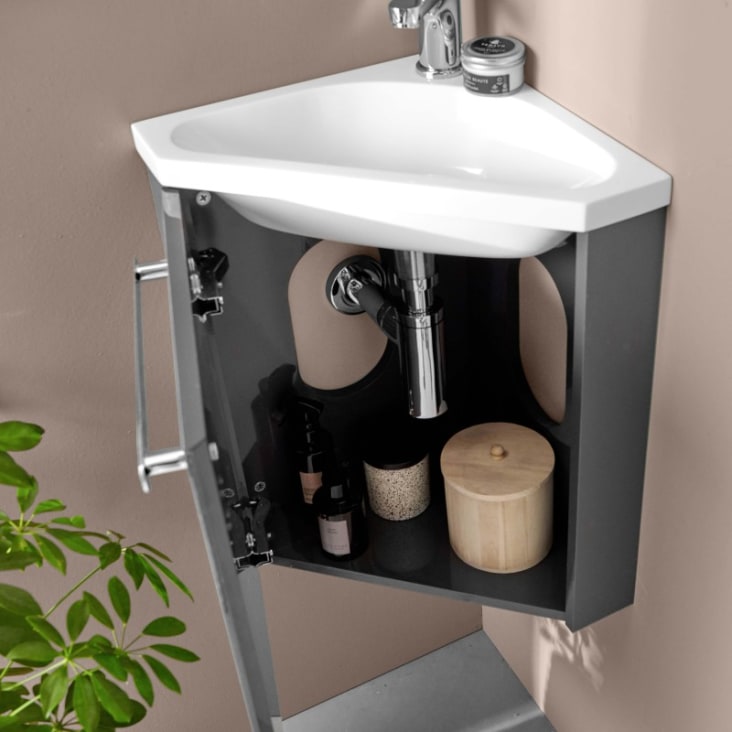 Meuble Lave-mains D'angle SKINO Noir - 35x35x53cm, Gain De Place Pour WC Ou Salle De Bain