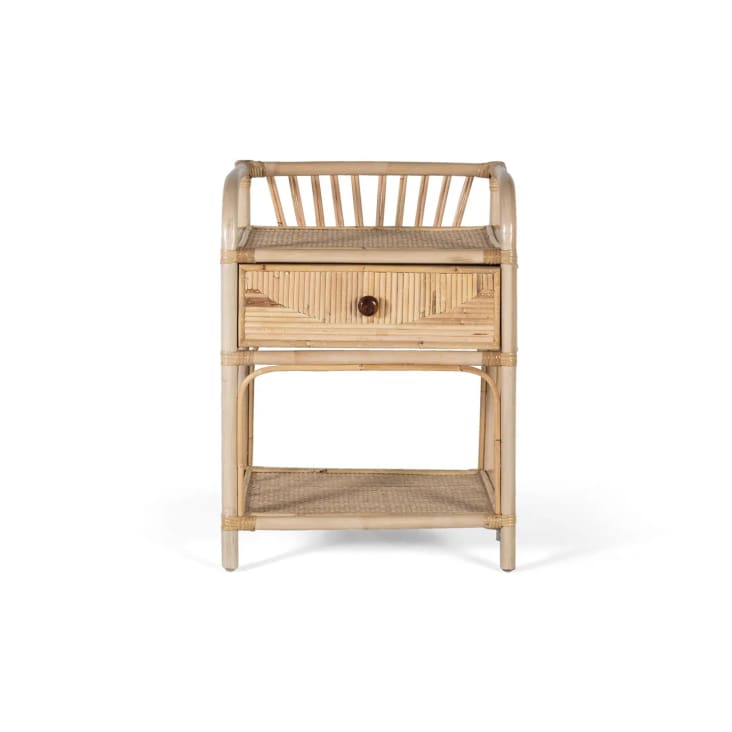 Comodino In Rattan Boho Con Cassetto - 47x39x54 Cm, Bianco, Gambe Dorate, Per Camera Da Letto
