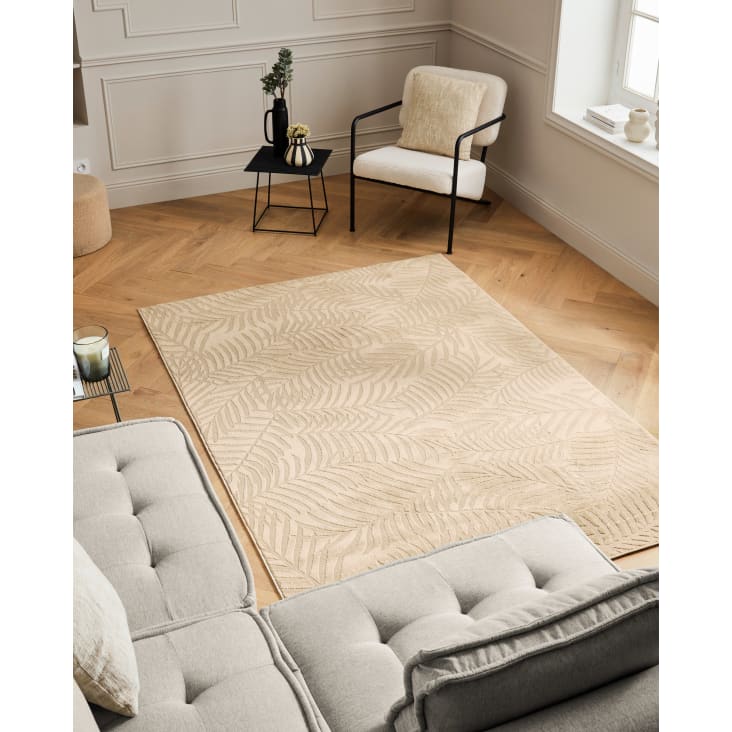 Alfombra pelo corto con relieve motivo de hoja beige 200x280 Bloom
