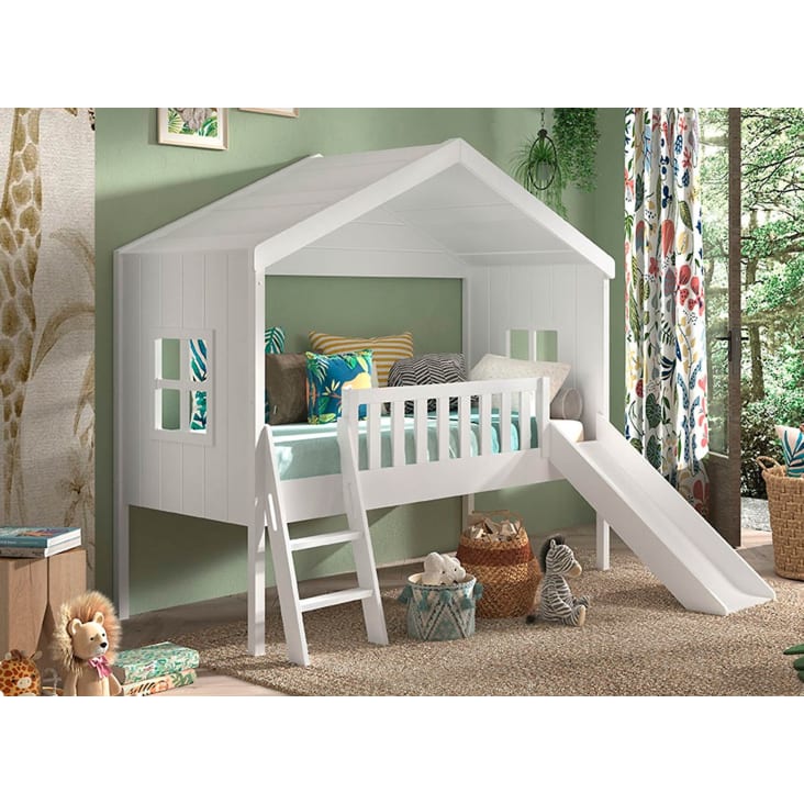 Lit Mezzanine Enfant En Forme De Maison Avec Fenêtre - 90x200 Cm - Rangement Intégré Sous Le Lit Et Dans L'échelle - En Pin Blanc Et Naturel (sans Matelas) - 9