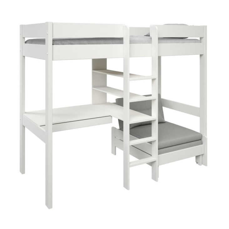 Basile - Lit mezzanine avec bureau et chauffeuse en pin blanc 90x200