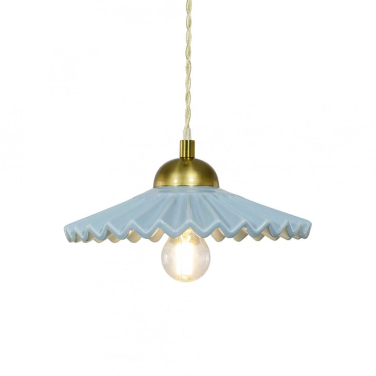 Lustre Suspension Laiton Céramique Ondulés Blanc Avec Bordure Bleu 30