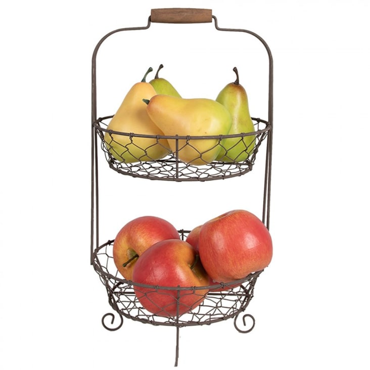 Corbeille à Fruits 2 Étages Avec Poignée En Bois - Support Métal Noir - Rangement Cuisine Bureau