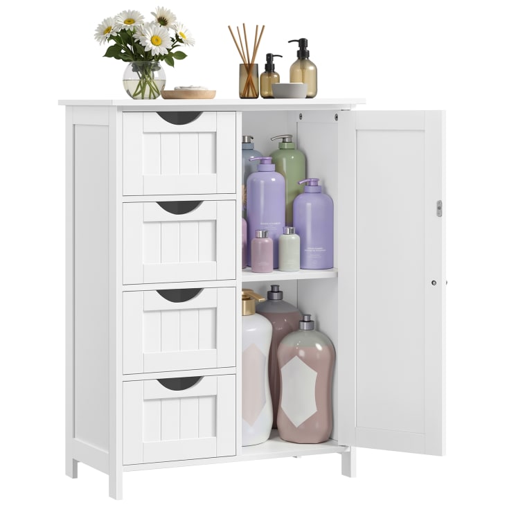Armoire De Lavabo Salle De Bain Blanc - 63x29x55 Cm - Bois D'ingénierie - 1 Porte + 3 Niches