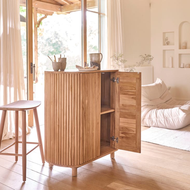 Mobile Da Bar Sahana In Legno Di Mango - 4 Ante, 85x40x123 Cm, Con Portabicchieri E Cassetto - Foto 4